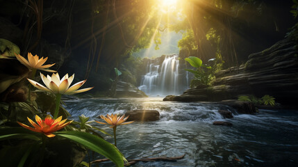 Wall Mural - beautiful waterfall in the jungle with the sun shining and some lotus flowers