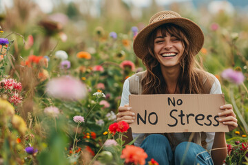 No stress concept image with a relax hippie woman in middle of beautiful nature holding a sign with written words No stress