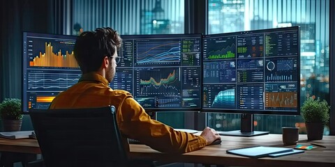 Wall Mural - Businessman analyzing data in technology at night in office. Engaging in financial management man at computer showcasing digital charts and graphs. Professional marketing and online communication