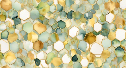 Wall Mural - Pattern of watercolor abstract of geometric hexagons with gold and lime green in pastel colors from Generative AI