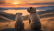 Shar-pei dogs looking at the horizon in a sunset in the mountains