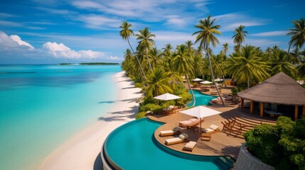 Poster - Paradise Tropical landscapes, islands with water villas with pools, stunning beach, azure sea and palm trees against the blue sky on a sunny day. Exotic tourism, summer vacations, Travel concepts.