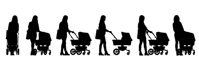 Wall Mural - Vector concept conceptual black silhouette of a woman pushing a baby stroller  from different perspectives isolated on white background. A metaphor for motherhood, family, love and lifestyle