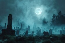 A Spooky Graveyard At Night With Tombstones, Fog, And Ominous Moonlight Graveyard At Night Spooky Cemetery