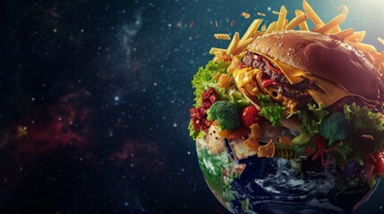 Wall Mural - Planet earth made of fast food. View from space to earth. 