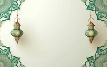 Eid Mubarak Greeting Card Background, White Texture Paper And Green Mandala With Ramadam Lantarn 