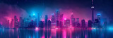 Fototapeta  - Neon city skyline gradient in electric pinks, blues, and purples with a grainy texture for a metropolitan-themed event. 