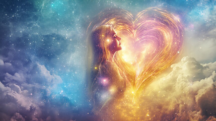 Wall Mural - Woman face, in pastel colored cosmos, sky. Heart in blue, pink and gold connecting her to universe, higher self, meditation, self love, esoteric. Spirituality awareness. Concept. Magic of perception.