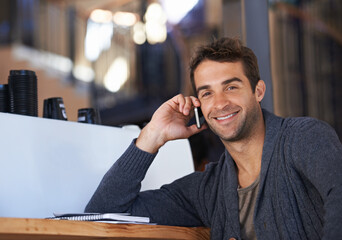 Poster - Phone call, smile and portrait of man in coffee shop for deal, partnership or work communication. Happy, talking and young male person on mobile conversation with cellphone for career in cafe.