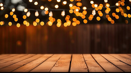 empty wooden table area behind artificial christmas lights on a wood background,Empty wood table top with blur bokeh light background