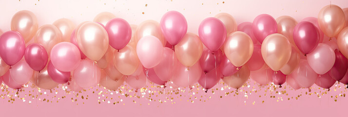 Wall Mural - birthday party balloons, Celebration background with pink confetti and golden and pink balloons. Banner