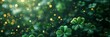 A shiny texture with green clovers on a dark green background, festive glow, background for St. Patrick's Day