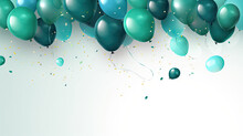 Birthday Party Balloons, Celebration Background With Green Golden  Confetti And  Green And Blue  Balloons. Banner