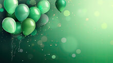 Birthday Party Balloons, Celebration Background With Green Golden  Confetti And  Green Balloons. Banner