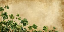 A Vintage Background With Images Of Clover In The Style Of Old Botanical Illustrations On Textured Paper. Background For St Patrick's Day