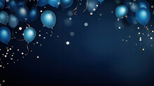 Birthday Party Balloons, Celebration Background With Golden Blue Confetti And Blue Balloons On Dark Blue Background. Banner