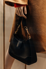 Canvas Print - Classic black leather women's handbag with gold chain. Fashion details