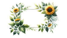Rectangle-shaped Watercolor Greenery Floral Frame Featuring Sunflower Clipart