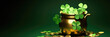  a pot filled with lucky coins and shamrock sprigs, st. patrick's day abstract green background
