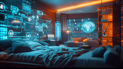 Wall Mural - Cinematic photograph of home bedroom filled with energy-filled data visualization. selective focus icons. AI. Smart spaces.