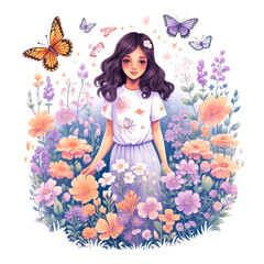 Poster - Playful pastel scene of cute animals, flowers artwork for tshirt printing, girl tshirt