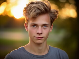 Wall Mural - Young Man Poses for a Picture Outdoors With a Cityscape Background