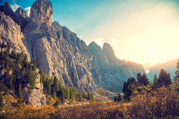 Canvas Print - Mountain landscape. Rocks against the sky. The dolomites in South Tyrol, Gardena Pass, Italy, Europe