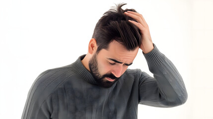 Handsome man clutching holding his head in worry with white studio background, worried stress headache depression concept