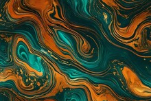 Luxurious Marbling Background. Paint Swirls In Beautiful Teal And Orange Colors, With Gold Powder