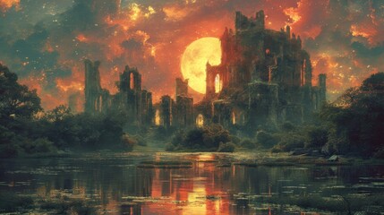 Poster - Amidst the towering skyscrapers and tranquil waters, a majestic castle stands adorned with a sprawling tree, basking in the moon's ethereal glow as its reflection shimmers below