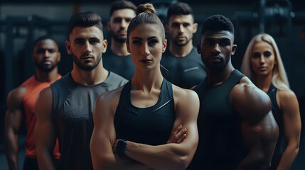 group of athletic men and women stand together in the background of a gym