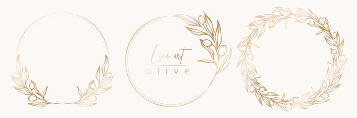 Botanical line illustration set of olive leaves, branch wreath for wedding invitation and cards, logo design, web, social media and posters template. Elegant minimal style floral vector isolated.