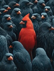 Wall Mural - There is a red bird in the middle of the black flock