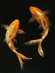 Poster - Surreal, two fish made of foil on the sparkling black background