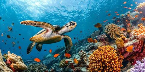 Wall Mural - Vibrant underwater scene with swimming sea turtle. colorful coral reef and marine life. nature photography for wall art and stock. AI