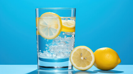 Wall Mural - Refreshing Citrus Lemonade: A Cool Summer Beverage with Ice, Fresh Lemon Slices, and Mint Leaves in a Glass of Cold Water.