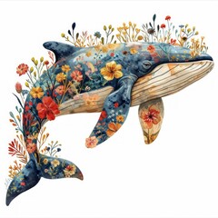Wall Mural - Cute whale watercolor illustration. Watercolor painting of whale with isolated background. Clip art composition of humpback whale with flowers.