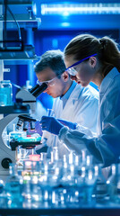 Sticker - Health care researchers working in life science laboratory. Young female research scientist and senior male supervisor preparing and analyzing microscope slides in research lab