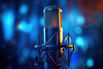 Professional microphone for podcast or recording studio background.