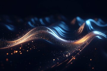 Poster - Abstract digital wave particles on dark background.