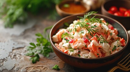 Wall Mural - A bowl of shrimp potato salad with herbs on a rustic table