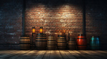 Wooden Beer Barrels Against A Brick Wall Lit By Lights On The Wall, Public House Cellar Concept