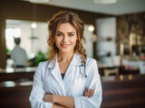Fototapeta  - Portret pięknej kobiety lekarki uśmiechniętej, biały fartuch stetoskop i szpital w tle