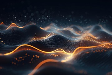 Poster - Abstract digital wave particles on dark background.