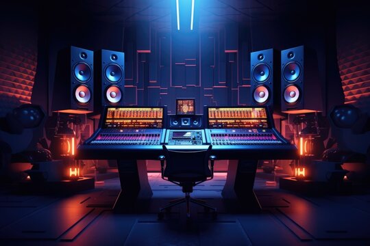 advanced recording studio with screen, sound wave, and mixing console