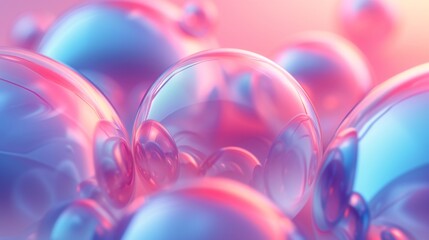 Wall Mural - Transparent bubbles with a glassmorphism aesthetic on a pink and blue gradient