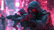 Futuristic soldier geared up in neon lit cyber warfare