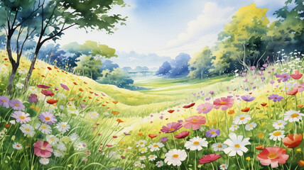 Wall Mural - a painting of meadow and flowers in spring watercolor style