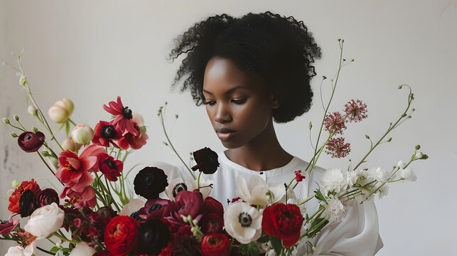 black woman florist works with spring flowers, makes bouquets and compositions from flowers, in a flower shop