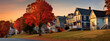 Suburban modern home during late autumn as leaves drop off tree on to yard